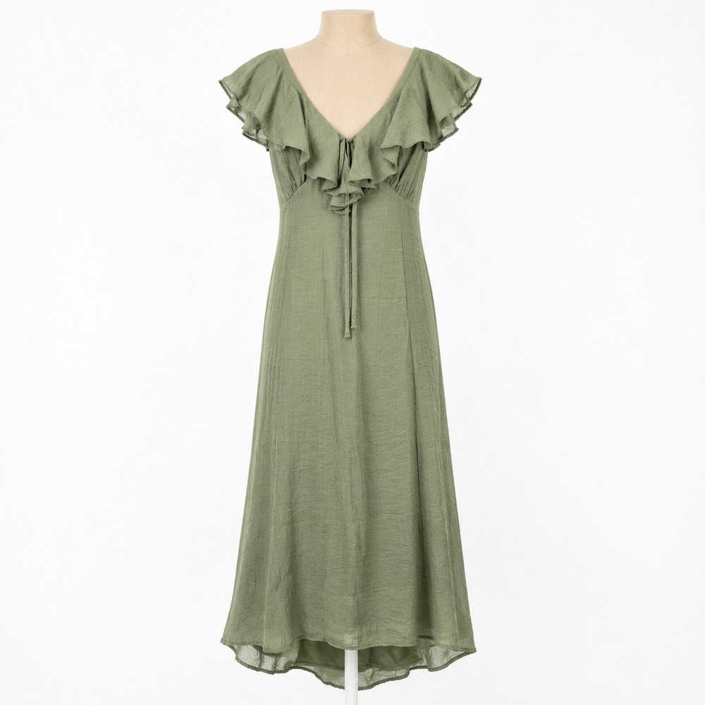 Flutter Sleeve Fairy Dress Size L Green Ruffle Boho Romantic Flowy Indie Ruffle